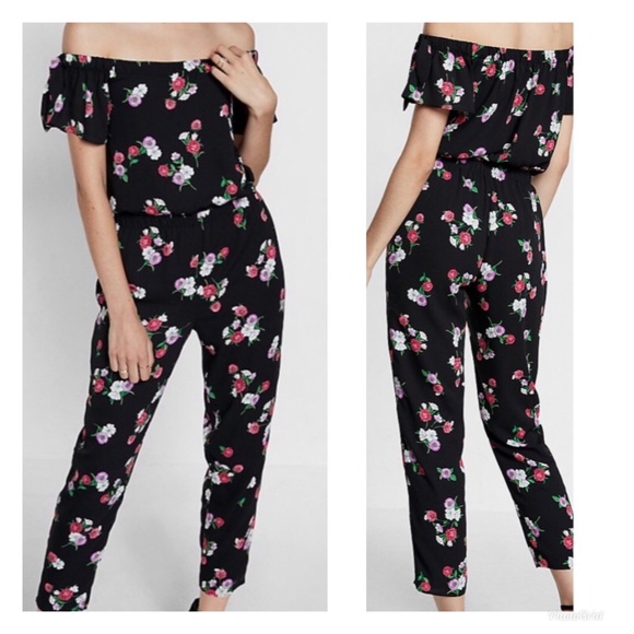 Express off the shoulder black floral lined jumpsuit elastic waist NEW - Picture 2 of 14